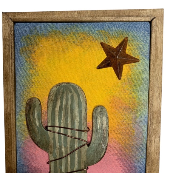 Mixed Media Wall Art Saguaro Cactus Scene Sunset Stars Desert Southwest 6 x 8 - Picture 4 of 5